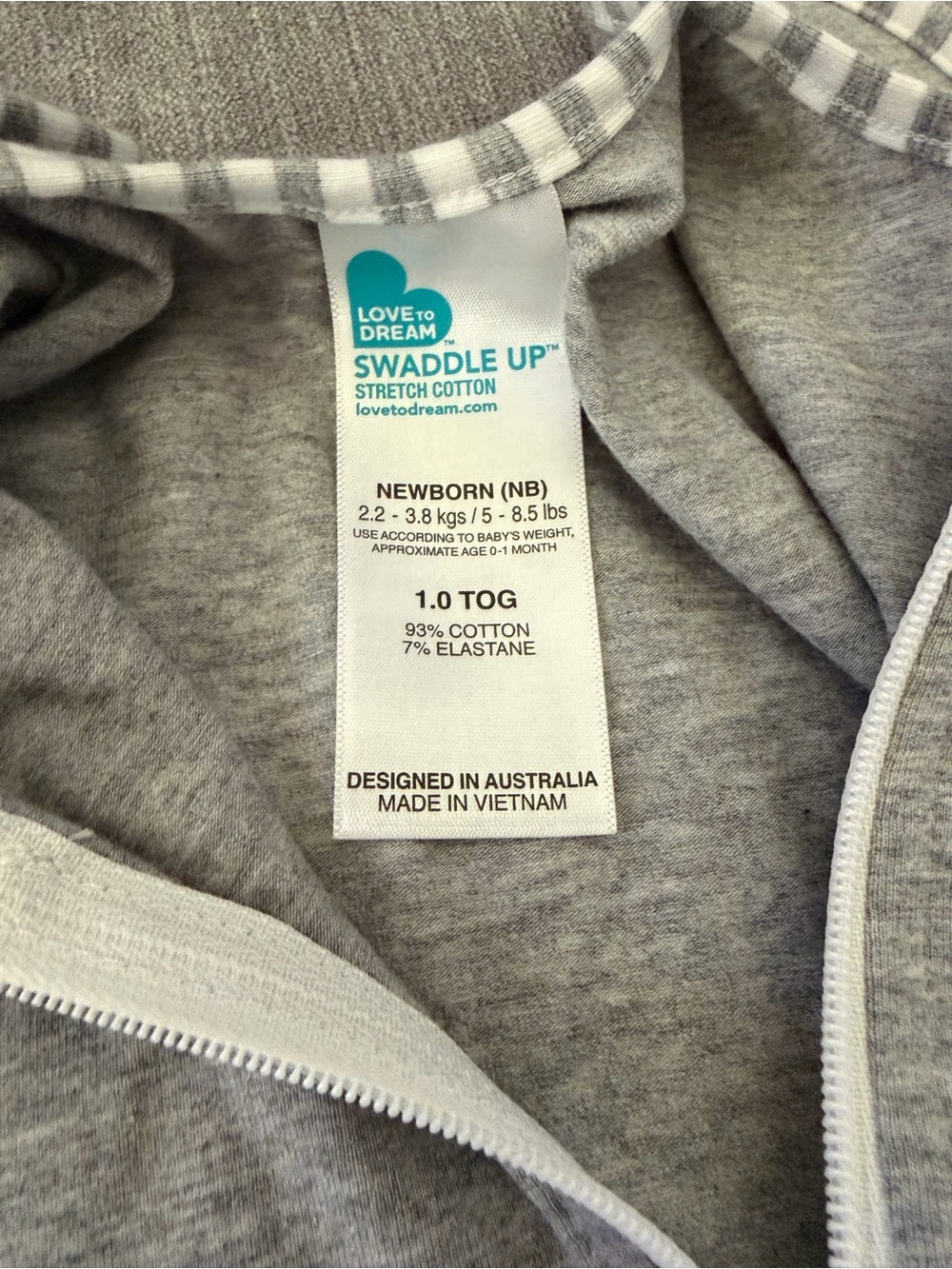 Love to Dream Grey Zip Swaddle with Striped Trim size Newborn. - Picture 3 of 6